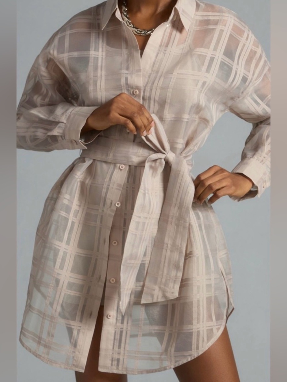 English Factory-Anthro sheer checkered organza tie-front blouse shirt top-New-S